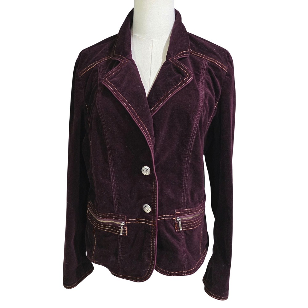 Chico's Velvet Blazer Women Size 2 Plum Purple Excellent Contrast Stitching